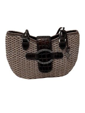 Brighton Basket Weave Brown Leather Braided Straps Croc Embossed Shoulder Bag